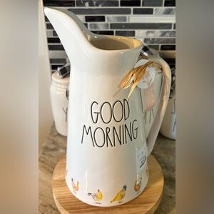 Farmhouse Rae Dunn Pitcher with Good Morning Text and Bird Design